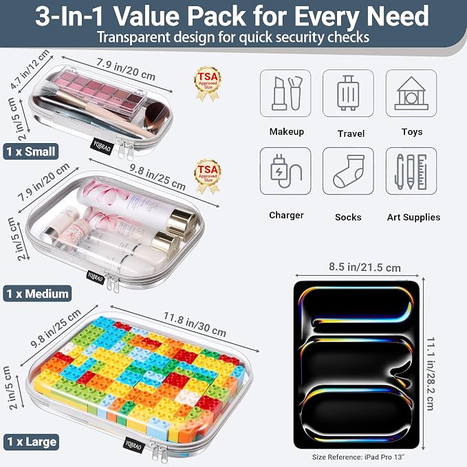 YQBRAO Clear Hard Shell Organizer Set, 3-Pack, Gray | Large, medium & small rigid PET organizers for office, travel, electronics and everyday organization