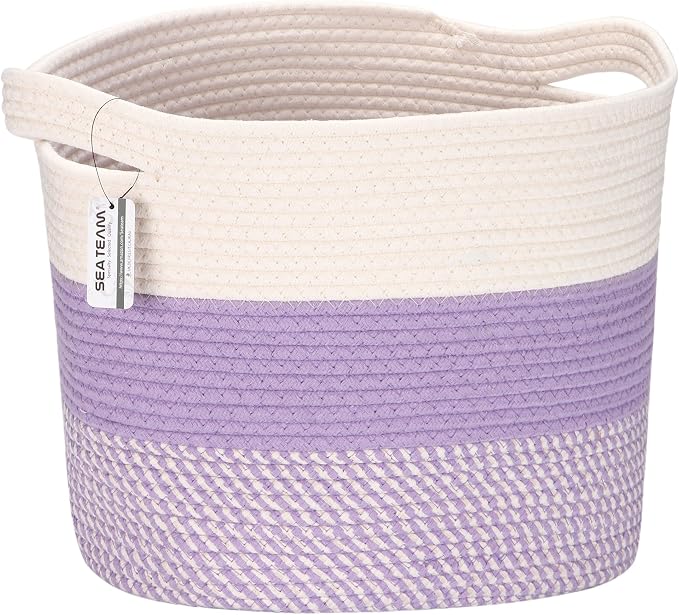 Sea Team Oval Large Cotton Rope Woven Storage Basket with Handles, White & Mottled Lavender, 16 x 13 inches | Collapsible Knitted Hamper, Closet Shelf Organizers, Containers for Clothing, Blankets, Toys, Bedding, Mottled Lavender