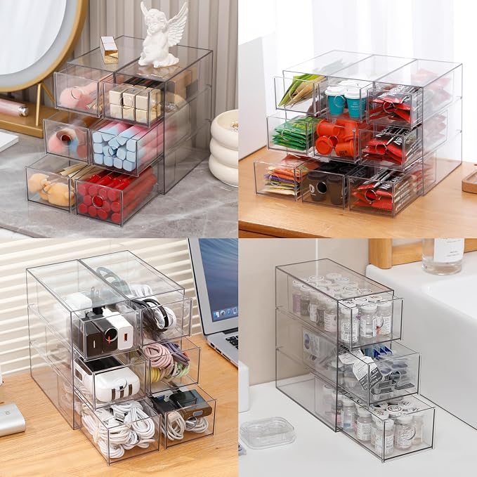Clear Desk Drawers Organizer, 4 Pack, 12 Drawers, Plastic | For Home Office Supplies, Marker Pen, Art Crafts, Crayons, Coffee Pods, Makeup, For Bathroom, Kitchen, Pantry, Coffee Bar