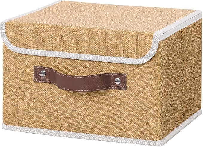ANMINY Fabric Storage Box Bins with Lids, Khaki, 10"x8"x7" | Keepsake Memory Storage, Cotton Linen, PP Board Reinforced, Washable, PU Handles, Foldable & Stackable, Decorative, Small
