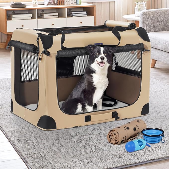 Petprsco Portable Dog Crates for Medium Dogs, 32"x23"x23" Travel Dog Crate | Collapsible Dog Crate with Plush Mat, Soft Blanket & Foldable Bowl, Strong Fabric, 4-Sided Vents, 3 Doors, Indoor/Outdoor Use