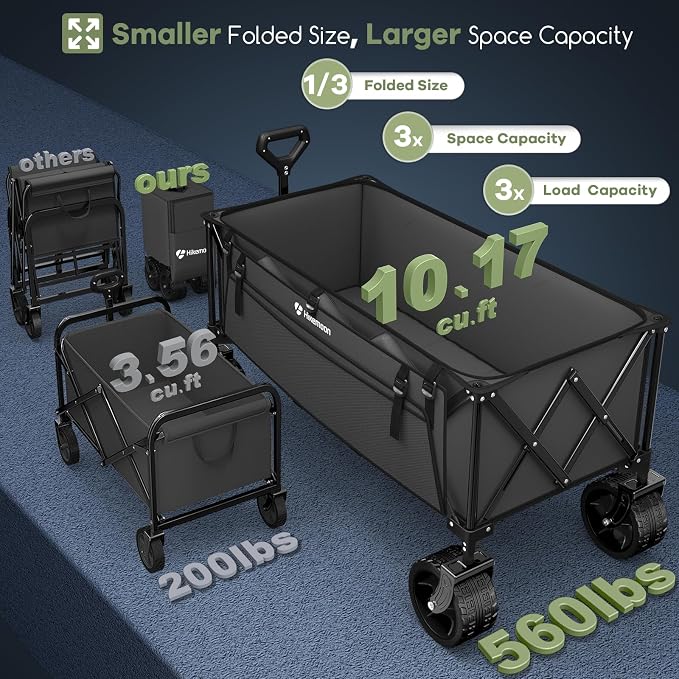 48'' Extra Large Collapsible Wagon with Big Wheels, 300L Grey | 560LBS Heavy Duty, Wagons Carts Foldable, All-Terrain, Brakes, Folding Cart, Utility for Beach/Camping/Garden/Sports/Grocery