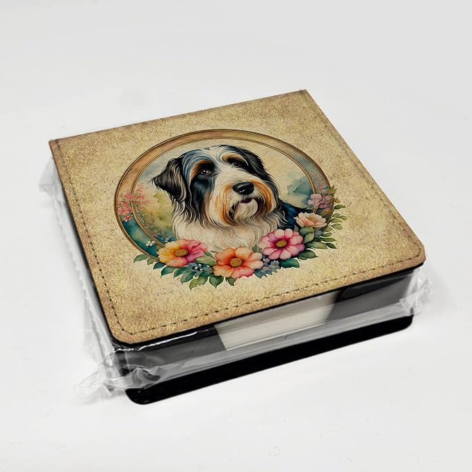 Caroline's Treasures Bearded Collie and Flowers PU Leather Note Paper Holder with Artist-Designed Cover, Desk Accessory, Office Gift