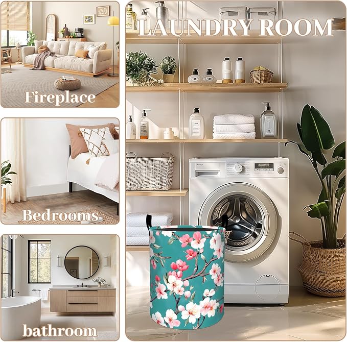 Cherry Blossom Laundry Basket, Oxford Cloth Romantic Elegant Dirty Clothes Collapsible Hamper for Room Decor, Floral Botanical Print Gifts Toy Organizer 19.7*15.7 Inch for Bedroom Bathroom Dorm