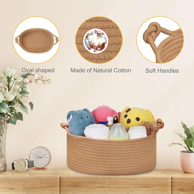 Small Empty Gift Basket with Bag & Ribbons, Camel | 12“x8”x5”, Cotton Rope Woven Basket for Birthdays, Baby Showers, Mother's Day, Christmas; Stores Small Items, Kids & Pet Toys