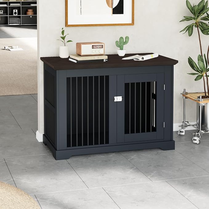44" Wooden Dog Crate Furniture,Large Kennel Pet Cage End Table for Indoor | for XXL XL Medium Dogs, Grey and Wood, Fits Living Room Bedroom, Heavy Duty Steel Frame with Lock 100 lbs Cap, 100 lbs Top.