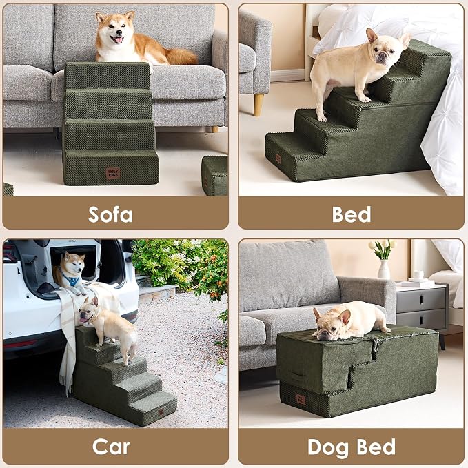EHEYCIGA Dog Stairs for High Bed 22.5" H, 5-Step Extra Wide Dog Steps for Bed, Pet Steps for Small Dogs and Cats, Non-Slip Balanced Pet Ramp Indoor, Military Green