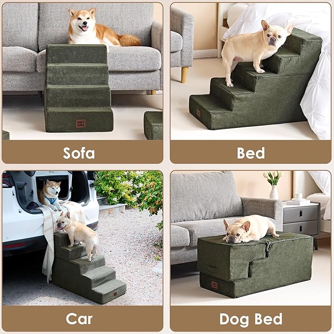 EHEYCIGA Dog Stairs for Small Dogs 13.5" H, 3-Step Dog Steps for Cats, Military Green