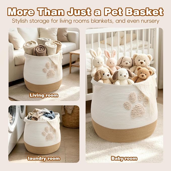 Large 17.7" Cotton Rope Pet Toy Storage Basket with Cute Paw Print - Woven Dog Toy Bin & Cat Organizer - Soft Round Hamper for Puppy Blankets, Treats, Nursery & Living Room Storage