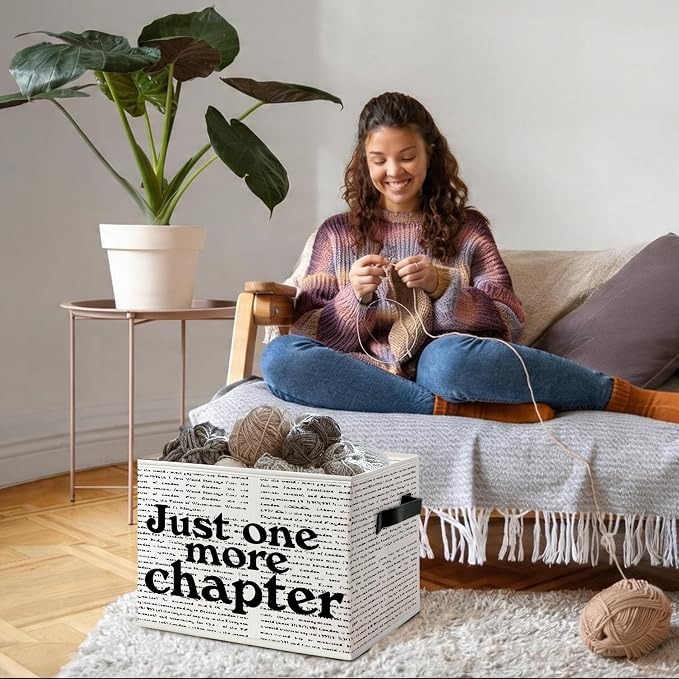 Just One More Chapter Foldable Storage Bins Box with Handles, Black and White Minimalist Decorative Storage Boxes Baskets Toybox Organizer for Library Reading Nook Corner Room