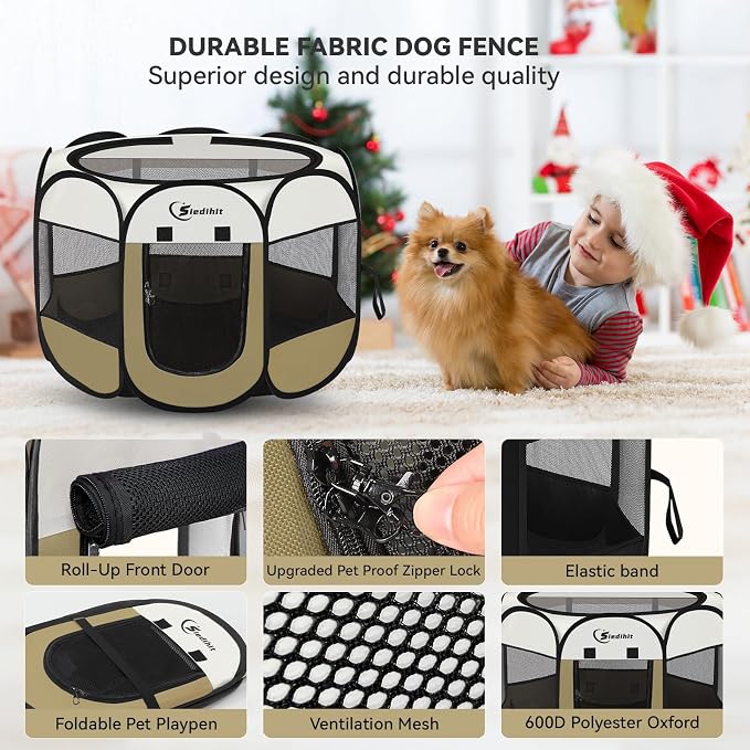 Siedihit Dog Cat Playpen, Medium Puppy Pet Playpen, Dog Crate Tent Cage | Indoor/Outdoor, Portable Pop Up Dogs Kennel Playpen with Carrying Case for Dogs/Cats/Rabbits (Khaki,Medium)