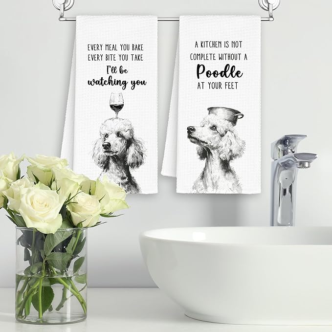 Funny Dog Poodle Kitchen Towels Set of 2, Every Meal You Bake Hand Towels Decor for Bathroom, Cute Dish Towel Gifts for Christmas Dog Lovers Mom,Rustic Tea Bar Towel for Dining Room 16x24in