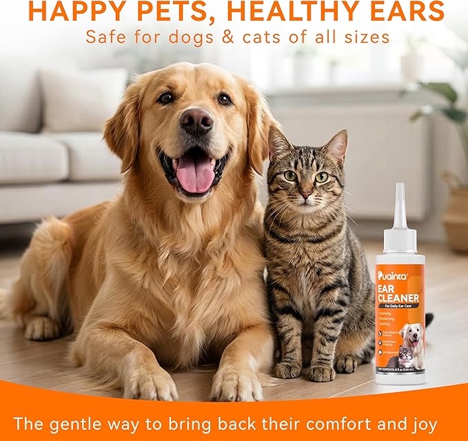 PUAINTA Dog Ear Cleaner Solution - Alcohol-Free Ear Wash with Quantum Silver & Witch Hazel - Soothes Itch, Removes Wax & Odor - Gentle Daily Flush for Dogs & Cats (8 oz)