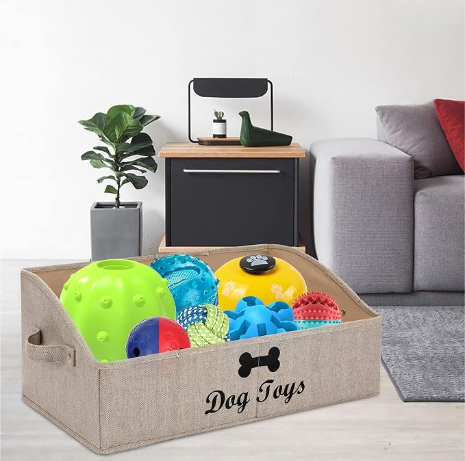 Morezi Linen-cotton blend dog toy basket and dog toy box, dog toy basket storage - Perfect for organizing pet toys, blankets, leashes, chew toys - Khaki Stripe - Dog