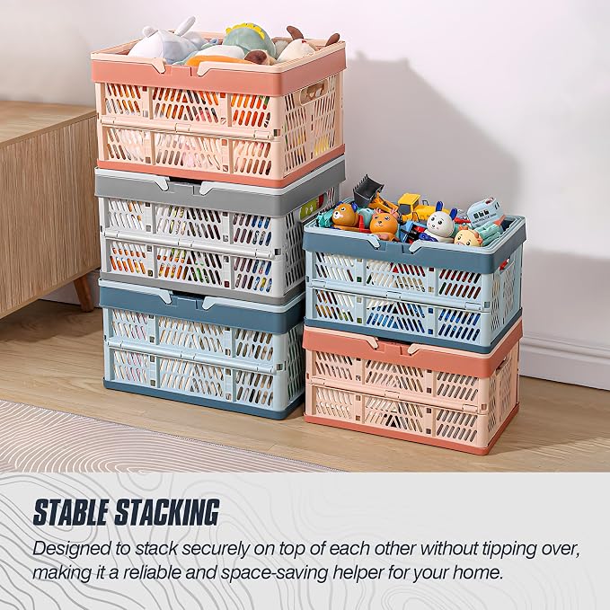 2-Pack Foldable Storage Baskets, 20L Collapsible Crates PP Grey+Blue | Comfortable carry handles, space-saving design, sturdy PP construction for home storage shopping camping and picnics