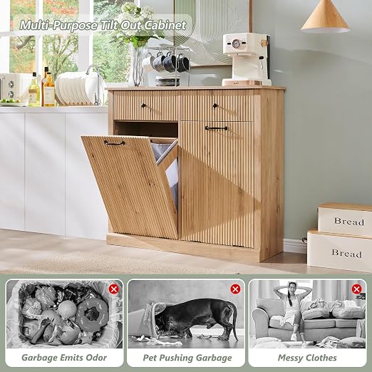 IFGET Double Tilt-Out Trash Cabinet, Laundry Hamper Cabinet, Natural Oak