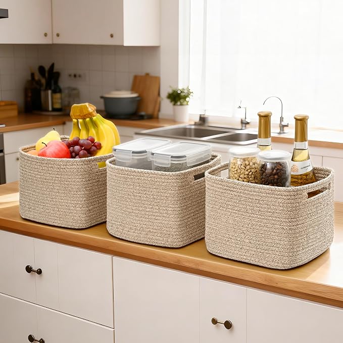 3 Pack Cube Storage Bin, 9”x9”x7” Cotton Rope Woven Baskets for Organizing Toys Clothes Towels, Square Gift Storage Baskets for Shelves, Nursery, Closet, Bathroom, Pantry (Jute)