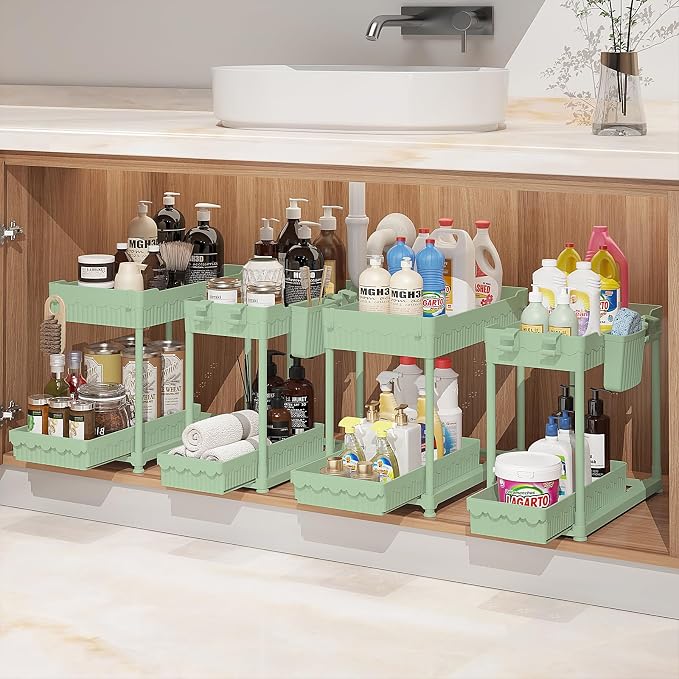 4-Pack 2-Tier Under Sink Organizer with Pull Out Drawers | Multi-use kitchen & bathroom storage. Includes hanging hooks and cups. Green, space-saving cabinet design. 12.8 Inch
