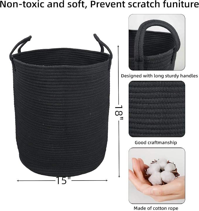 XUANGUO Black Cotton Rope Laundry Basket Hamper for Clothes Large | Baby Nursery Hamper Bin and Woven Storage Basket for Living Room Bedroom Boho Tall Rope Baskets Blankets Toys Pillows Towels