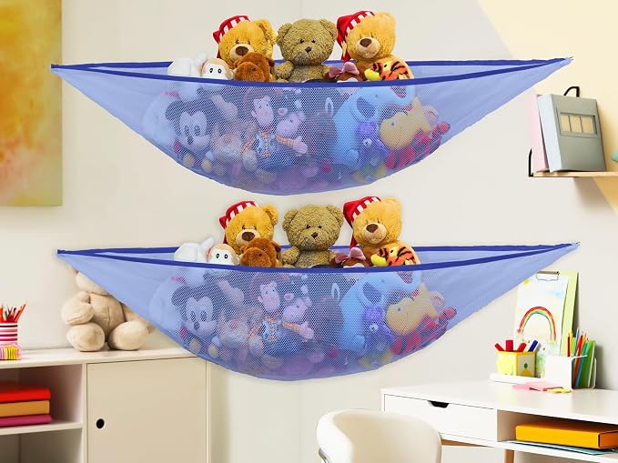Simple Houseware 2 Pack Stuffed Animal Toy Hammock Net, Dark Blue | Jumbo Size Corner Wall Storage for Kids Room