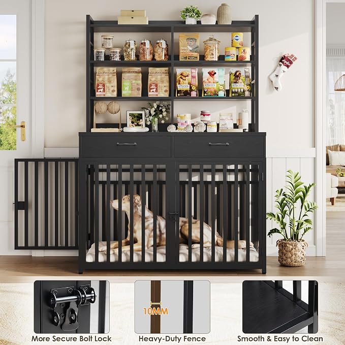 Keyluv 71''H x 47.2''W Large Dog Crate Furniture with 4-Tier Shelves and 2 Storage Drawers, Heavy Duty Dog Cage Furniture with 2 Doors, Wood & Metal Dog Kennel Indoor for Small/Medium/Large Dog, Black