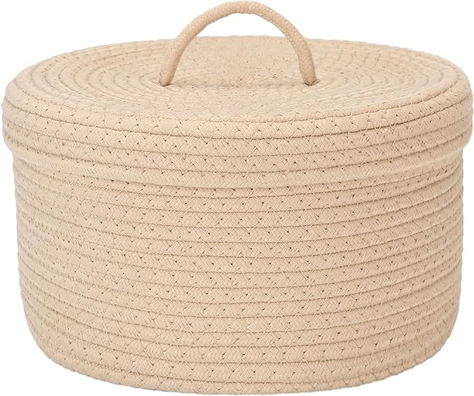 Sea Team Round Storage Basket, Woven Cotton Rope Basket with Lid, Khaki | Decorative Knitted Storage Bin, Multi-Purpose Lidded Organizer for Closet Shelves, Nursery and Household Storage