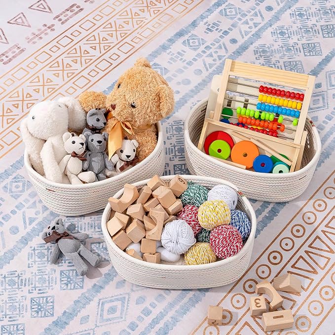 CubesLand Rectangle Woven Cotton Rope Storage Basket for Organizing | Small Basket for Kids, Baby Nursery, Cat Dog Toy Baskets, Organizer Bins for Shelves Rainbow Stitches