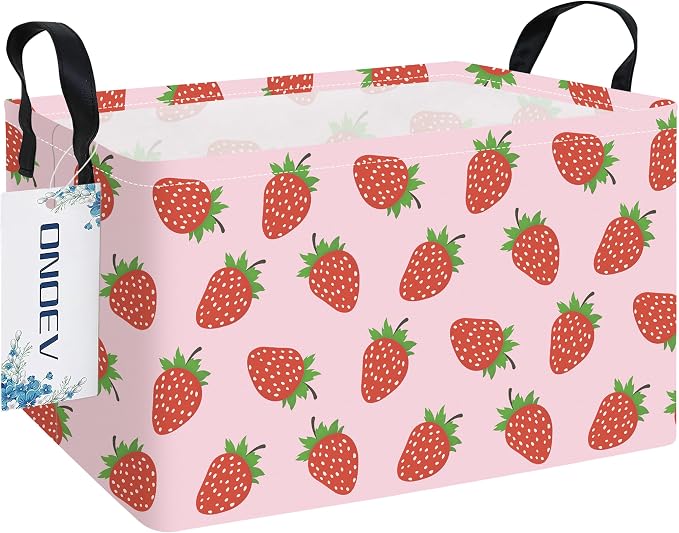 Rectangular Fabric Storage Bin, Foldable Strawberry print Basket | Damp-proof canvas with reinforced stitched handles.Great for clothes,books and sundries in closets,playrooms,laundry rooms.
