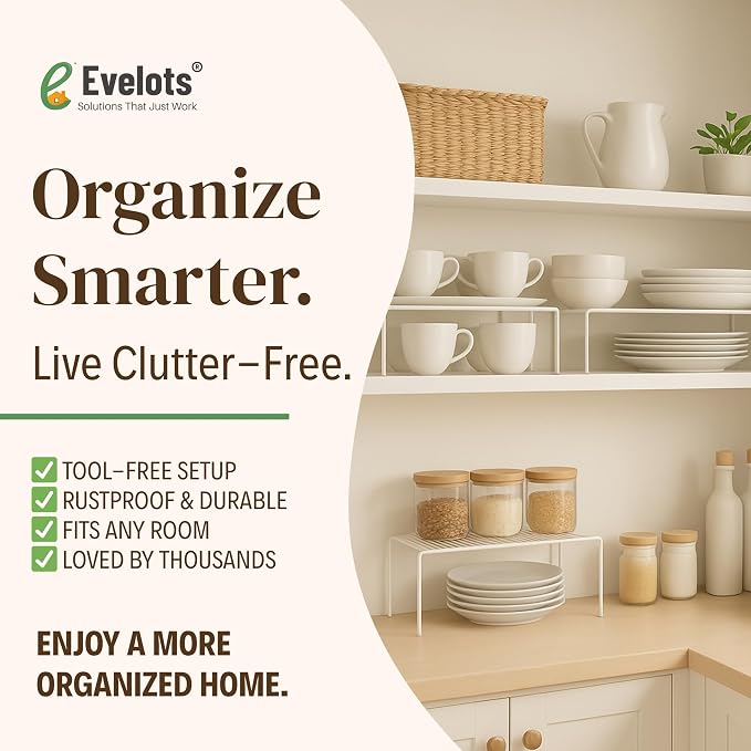 Evelots Wire Shelf Organizer Set, Metal Cabinet Shelf Risers, 4-Pack, White | 4-Pack rustproof metal wire shelf organizers create extra storage space in kitchen cabinets, pantries, freezers and bathrooms