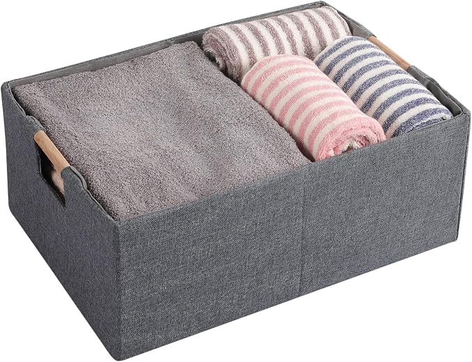 Fabric Storage Box, 15x11in Foldable Cotton Linen Basket with Wooden Handle | Medium Rectangular Cube Decorative Home Laundry Organizer Clothes Blanket Container Organizing Clothes Sheets Jeans, Gray