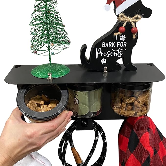 Dog Treat Holder For Wall Storage For Pets, Premium Pet Wall Organizer, Includes Three 16oz Airtight Dog Treat Jars, 3 Sets of Triple Hooks, Sturdy Shelf in Modern Black