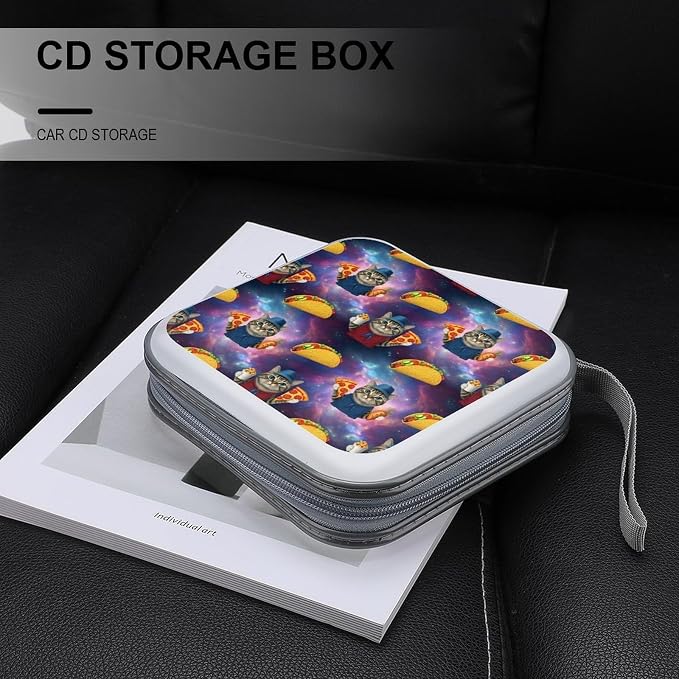 40-Disc CD/DVD Protective Case Funny Cute Galaxy Cat Taco Pizza, Hard Plastic Binder with Zipper, Portable Storage Organizer for Travel Office