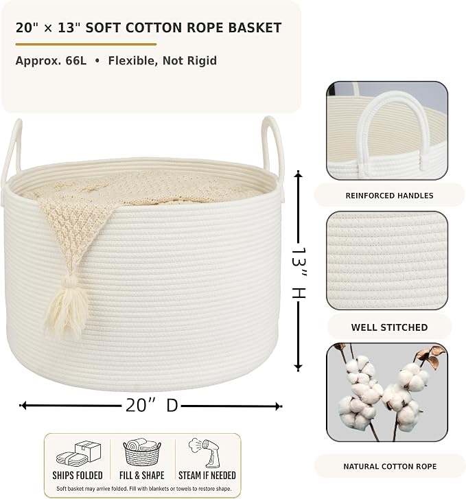 XUANGUO 66L Large Blanket Basket, Round Cotton Rope Basket, White | 20" x 13" Laundry Basket with Sturdy Handles for Blankets, Pillows and Toys; Storage for Living Room, Bedroom and Nursery