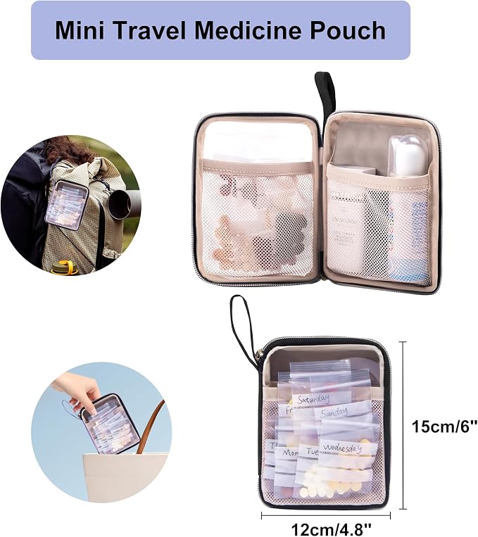 Lexeeco Travel Medicine Pill Bottle Organizer Bag with Portable Small Pouch | Medication Case with Lockable Zipper for Pill,Vitamin,Medicine Storage Box for College Dorm Student,Home,First Aid Bag Empty