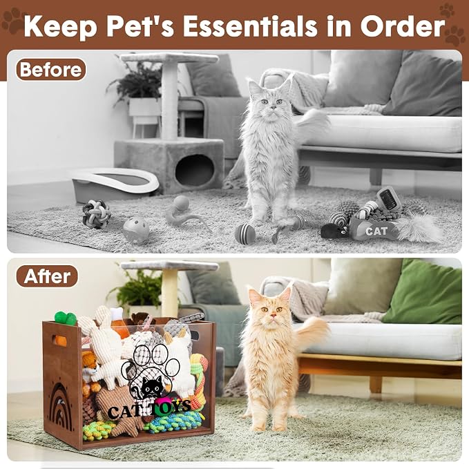 Beeveer Large Cat Toy Basket Cat Toy Box Wooden Storage Bin with Acrylic Board Storage Box for Puppy Toys Pet Food and Accessories Organizer Holder Basket for Living Room Area(Brown, Cat)