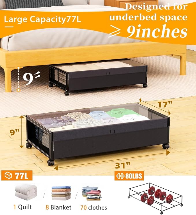 Simple Trending Under Bed Storage Containers with Wheels, XXL 77L Under Bed Shoe Organizer Drawer with Clear Lid, Rolling Storage Containers for Shoes, Clothes, Black