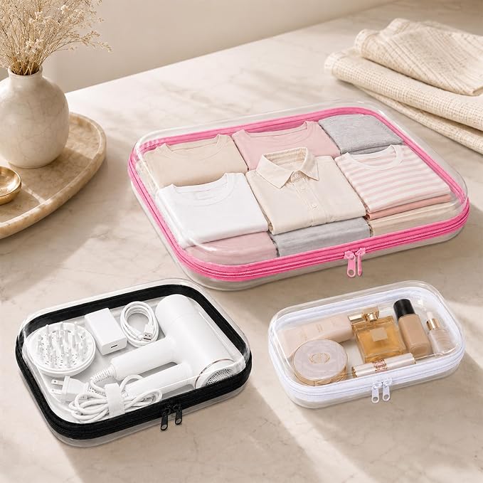 3 Pack Clear Hard Shell Zipper Case (1XL + 1L + 1M, White) | Travel Toiletry Bag, Waterproof 1.2mm PET Hard Plastic Pouches, Organizer Box for Makeup, Toy, Snack, Stationery, Diaper