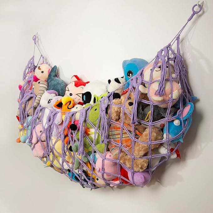 Stuffed Animal Net or Hammock -Wall Mounted-Handmade Macrame Toy Hammock Organizer Stuffed Animal Display Plush Toys Holder Boho Decor for Nursery Playroom Purple