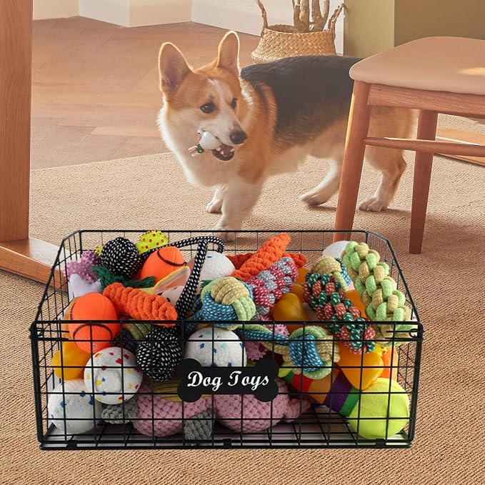 Geyecete 2 Pack Toy box for dogs large Dog Toy organizer Pet wire folding basket DOG TOY container dog toy box-Chew-Proof Dog Food Toy Storage-Black