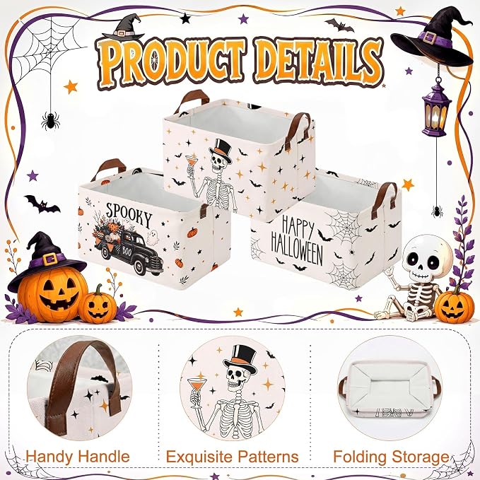 Britimes Happy Halloween Storage Baskets, Spooky Toy Storage Bins Box, 3Pcs | Halloween Skeleton Vintage Canvas Collapsible Baskets Organizer with Handles Nursery Decor Laundry Basket for Shelves Closet