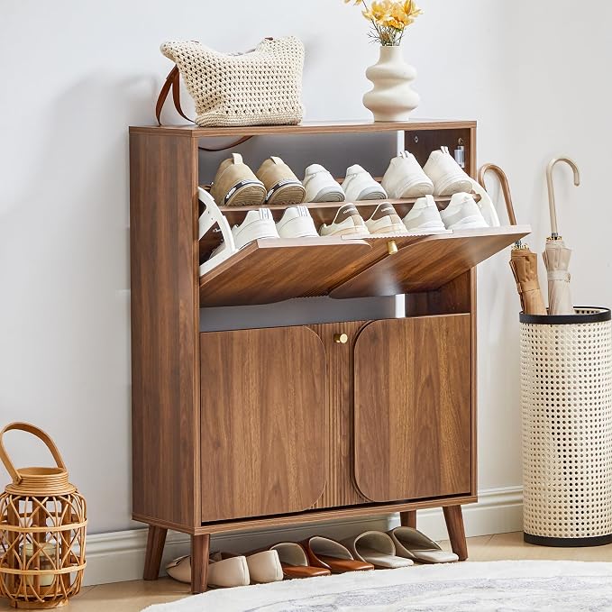 BERRYMERRY Unique 27.6" W Shoe Storage Cabinet with 2 Flip Drawers | Walnut,Hidden,Small,Front Door,Entryway,Narrow