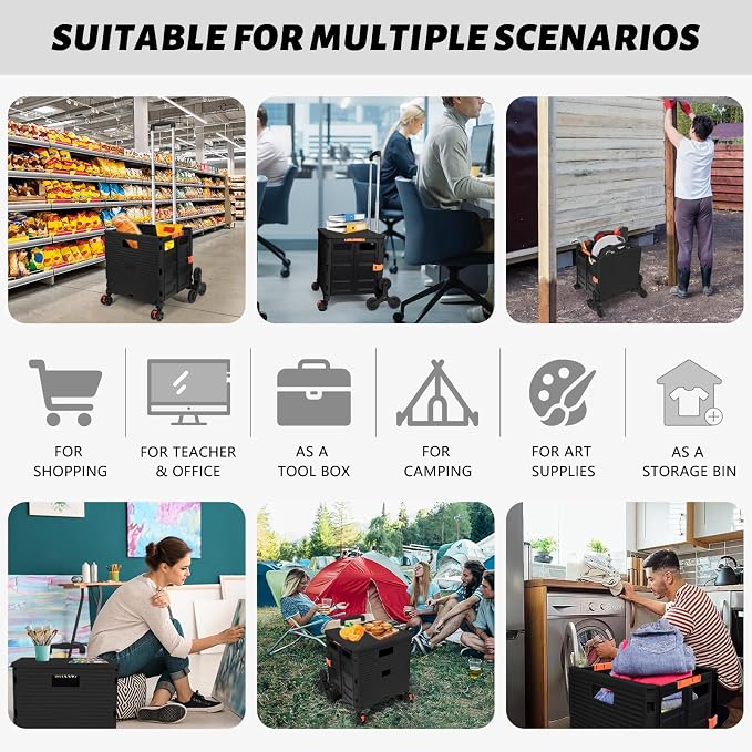 FELICON SELORSS Folding Utility Climber Cart Portable Rolling Crate-Black | Stair Climbing Wheels+360°Swivel Wheels,Telescoping Handle,Plastic Box Dolly for Travel Shop Move Laundry Office Teacher Use