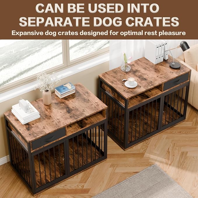 Corner Dog Crate Furniture,67" Metal Frame L Shaped Double Dog Crate Kennel with Divider and 2 Fabric Drawers TV Stand Large Breed Indoor for 2 Dogs Rustic Brown