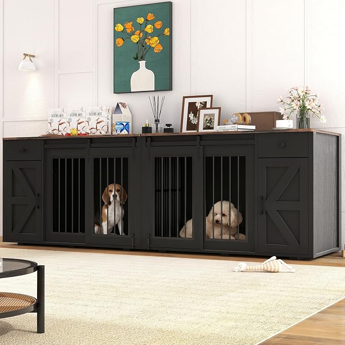 Verano Garden 88" Dog Crate Furniture, Dog Kennel Cage, Black (88") | 2-in-1, Lockable, Decorative, Sliding Door, Removable Divider, Adjustable Shelf, Farmhouse, Heavy Duty, Small Medium Dogs