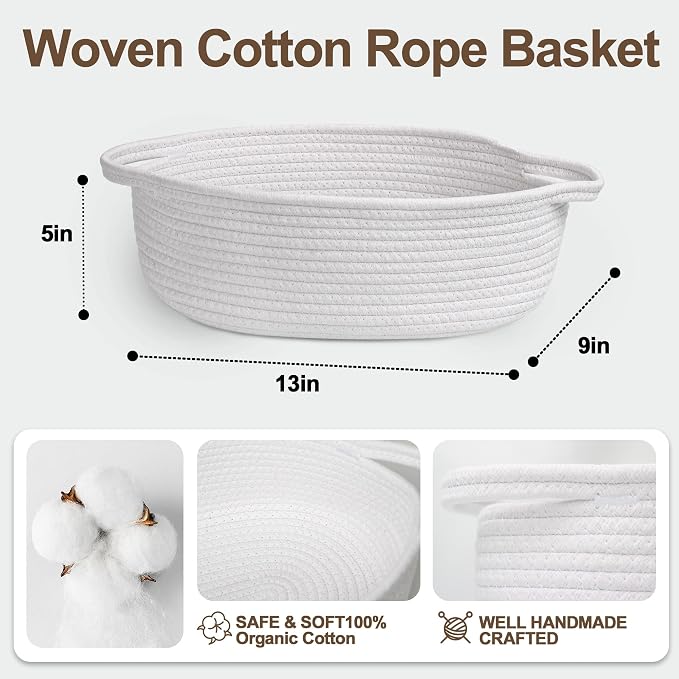 Small Baskets for Gifts Empty, 13"x 9"x 5" Woven Gift Basket with Bag and Ribbon, Cotton Rope Kids Dog Cat Toy Bin Box, Cute Baby Nursery Organizer, Decorative Storage with Handles (White)
