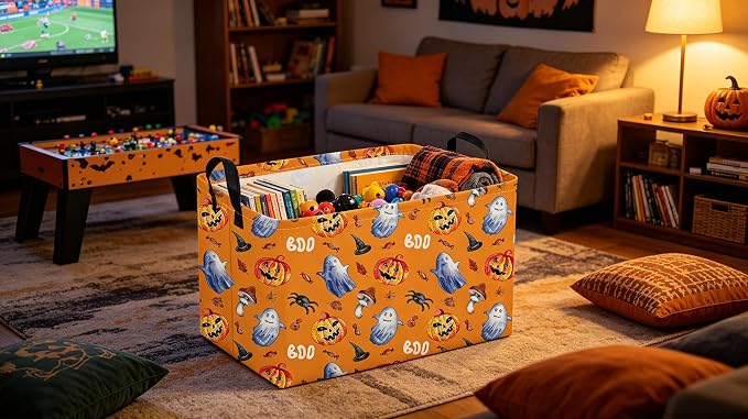 Sanjiaofeng Rectangular Halloween Horror Ghost Storage Basket,Terrifying and Thrilling Party Basket,Halloween Candy Storage Baskets with Handles(Scary Pumpkin)