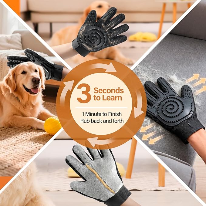 2-in-1 Upgrated Dual Sided Pet Hair Removal Glove, Gentle Deshedding Brushes for Dogs & Cats with Long and Short Fur, Reusable Electrostatic Pet Hair Remover Gloves for Sofa Clothing Cat Beds - 1 Pair