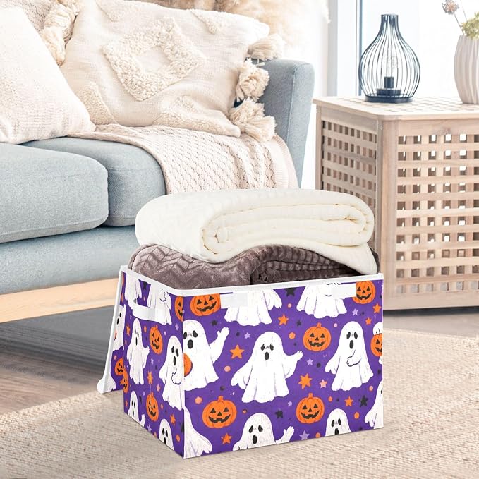 Halloween Ghost Storage Bins with Lids Closet Bedroom 40L Fabric Bin | Decorative Storage Boxes, Foldable & Stackable, Dust-Proof Flip Top, Reinforced Handles, For Home & Dorm, Clothes & Toy Box