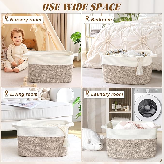 Large Blanket Basket, 100L Storage Baskets for Organizing, Woven Laundry Basket for Blankets, Cotton rope Blanket Storage for Living Room, Nursery Room, 24.8" L x 15.74" W x 15.74" H, Brown