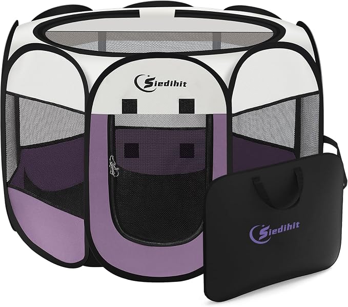 Siedihit Dog Cat Playpen, Small Puppy Pet Playpen, Dog Crate Tent Cage | Indoor/Outdoor, Portable Pop Up Dogs Kennel Playpen with Carrying Case for Dogs/Cats/Rabbits(Light Purple, Medium)